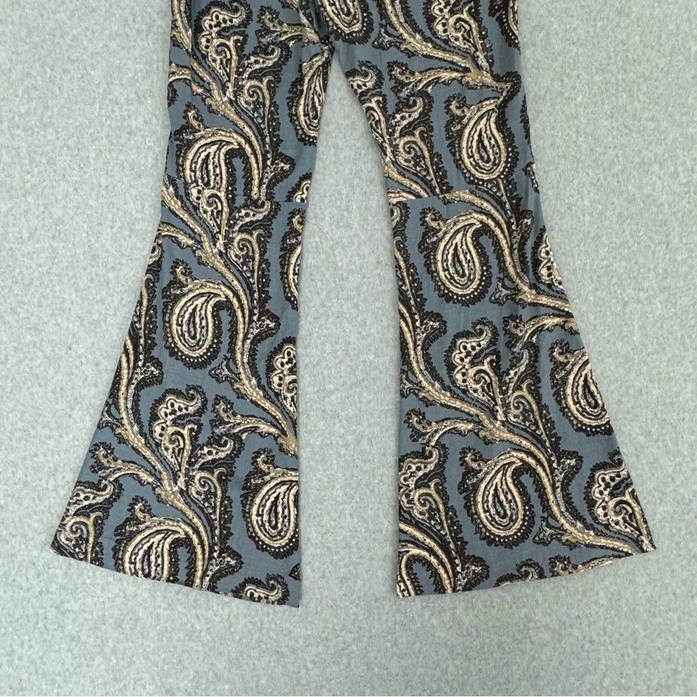 Free People Womens Pants Flare Bell Bottom Linen Blend Paisley Retro Blue Small - Picture 8 of 14